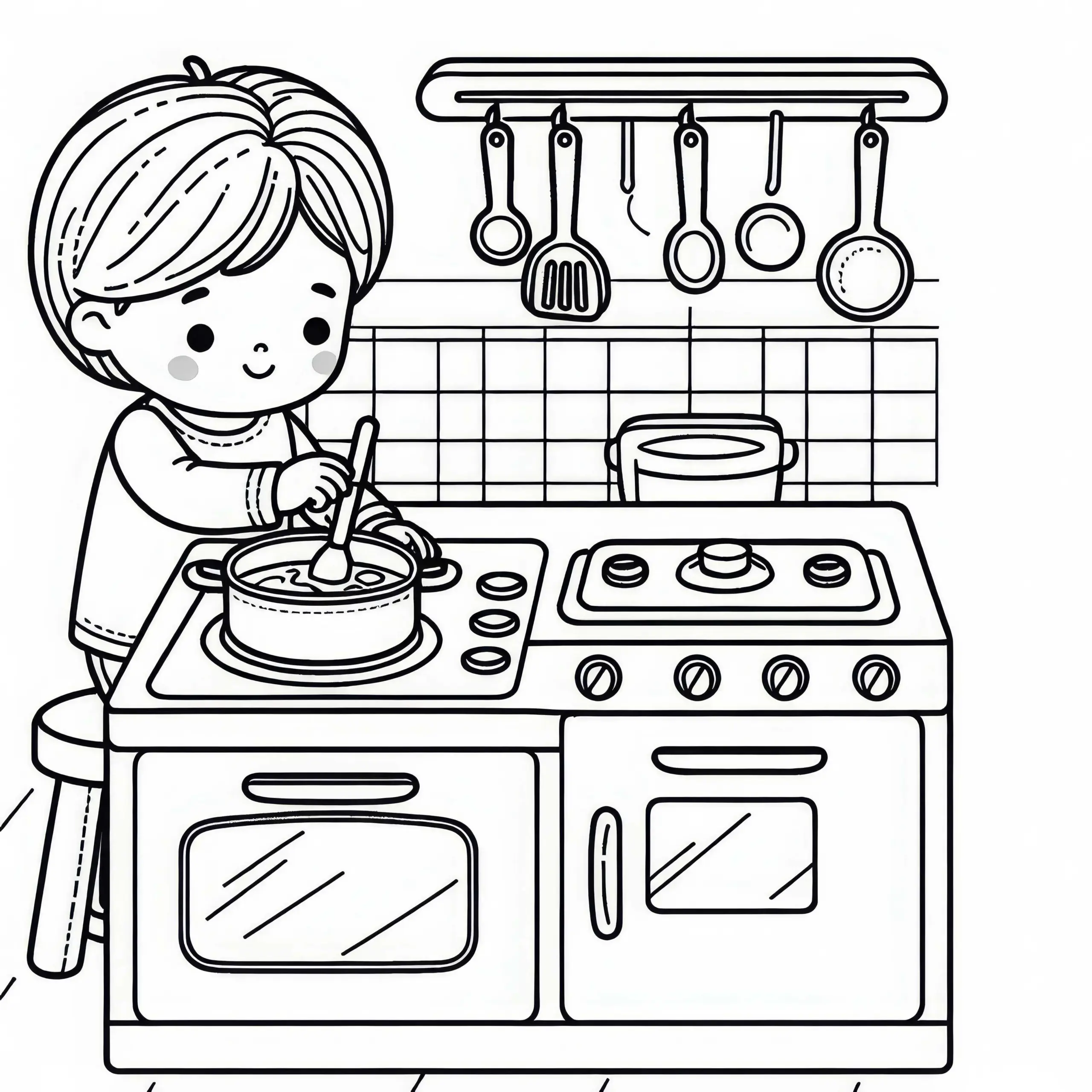 Kind kocht spielerisch in Spielküche – Malvorlage kostenlos zum Download (Ausmalbild)