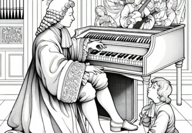 Kind lauscht Musiker, der Cembalo spielt – Malvorlage Barockzeit kostenlos
