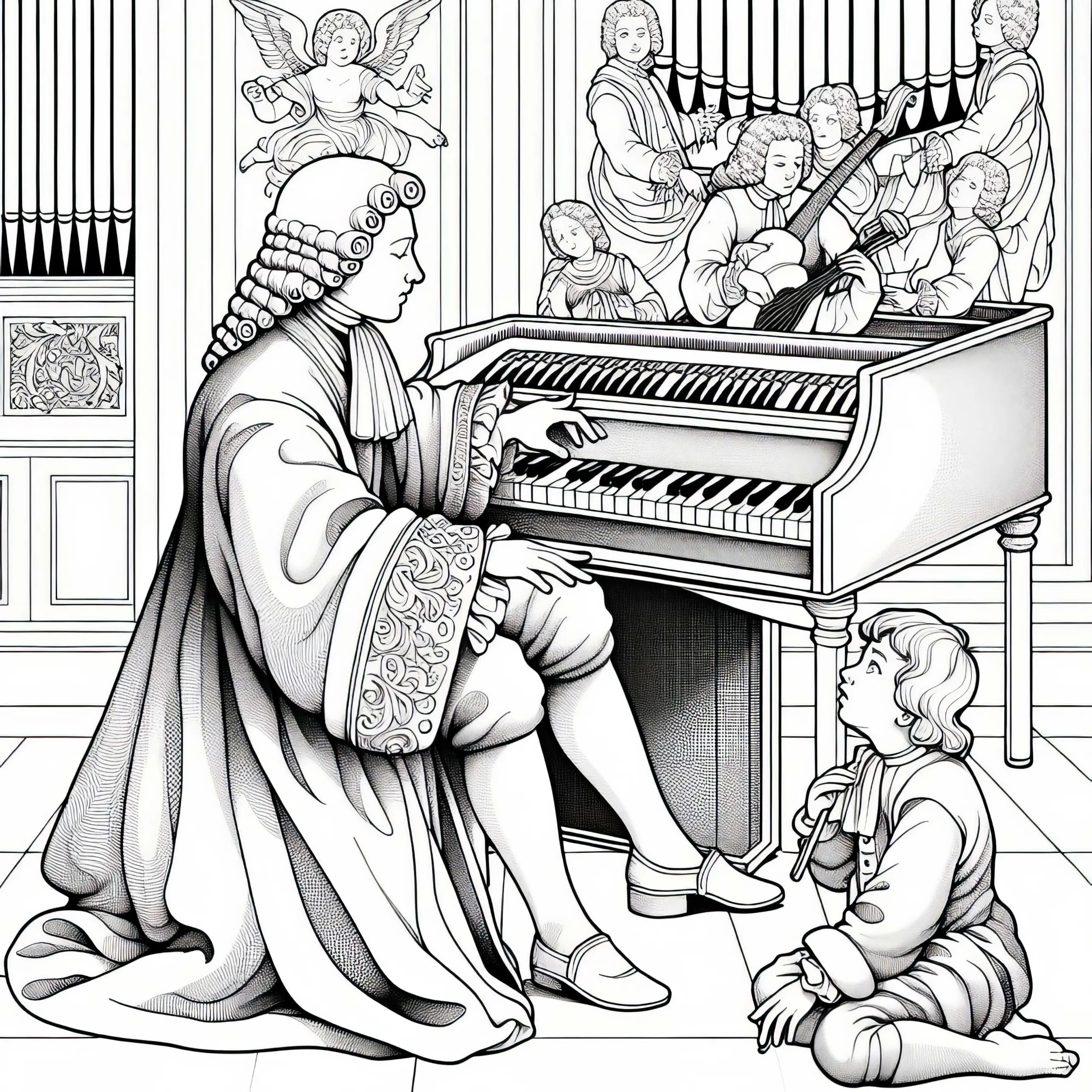 Kind lauscht Musiker, der Cembalo spielt – Malvorlage Barockzeit kostenlos (Ausmalbild)