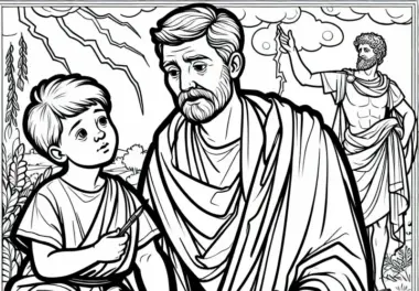 Kind lauscht dem Römer, der von Jupiter erzählt – Ausmalbild zur römischen Mythologie