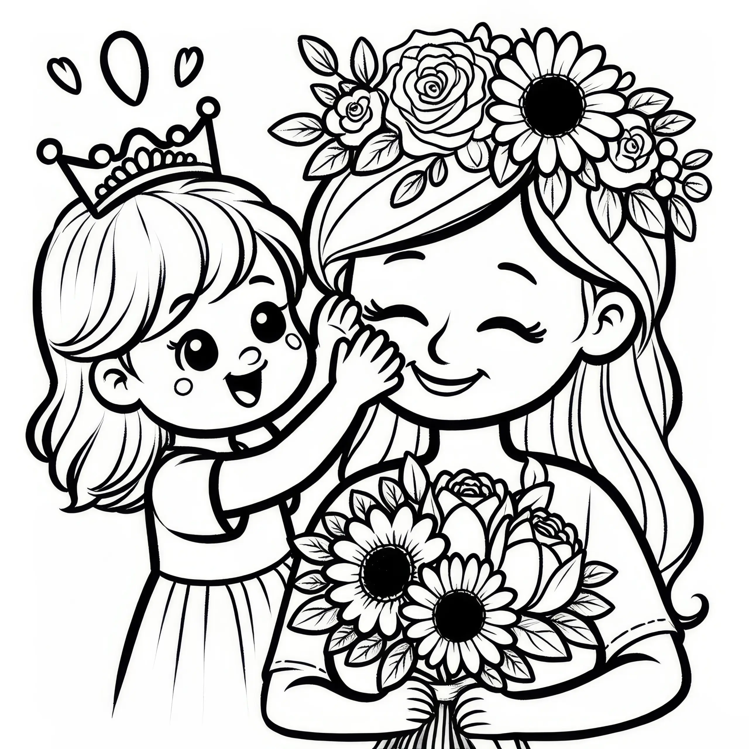Kind legt Mutter Krone aus Blumen auf Kopf zum Muttertag: Gratis Ausmalbild