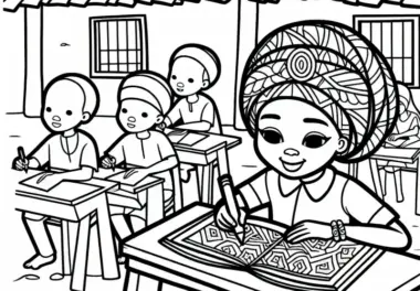 Kind lernt in Dorfschule unter freiem Himmel schreiben – Ausmalbild Afrika gratis