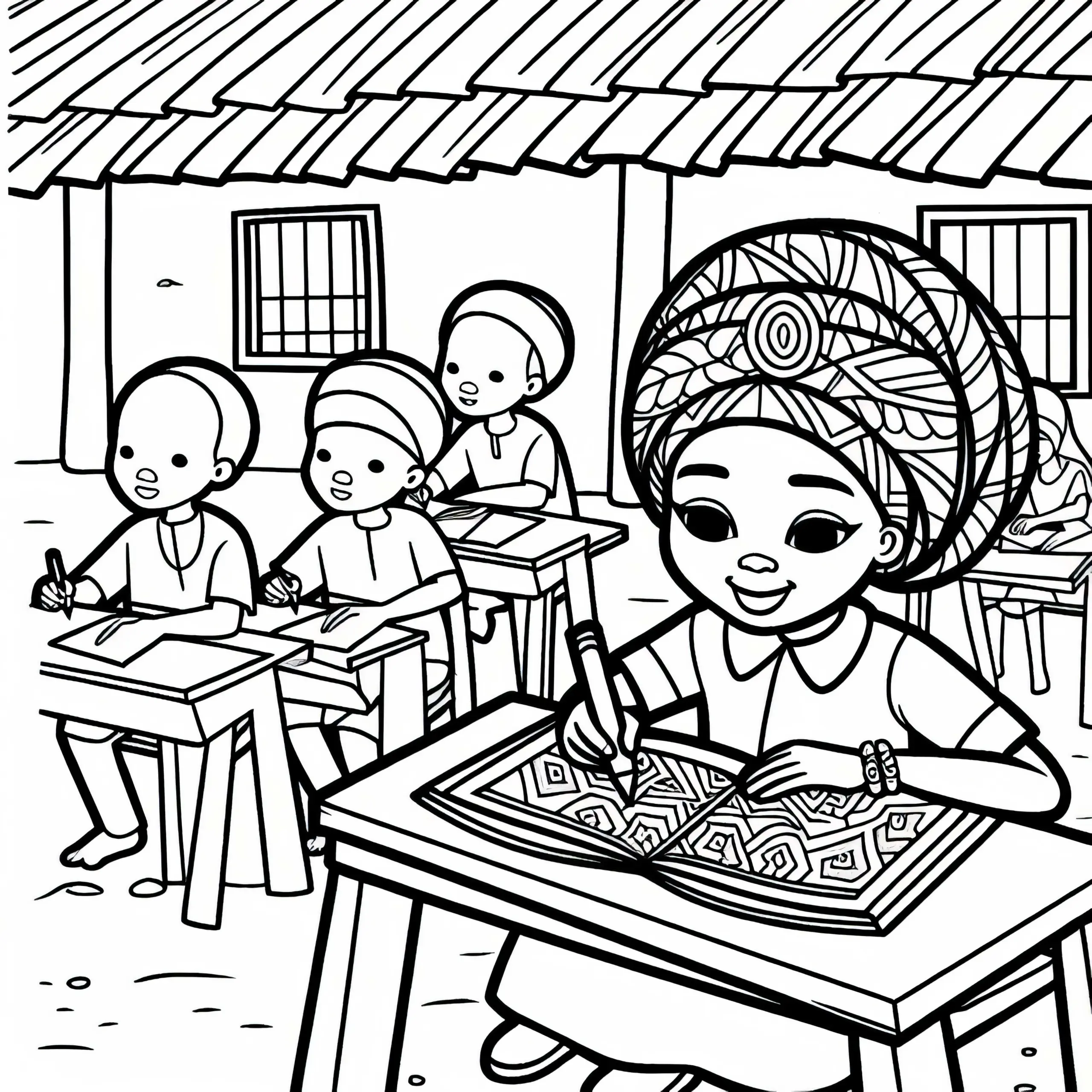 Kind lernt in Dorfschule unter freiem Himmel schreiben – Ausmalbild Afrika gratis