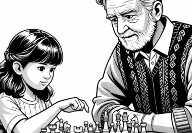 Kind lernt Schach mit erfahrenem Spieler – Malvorlage kostenlos