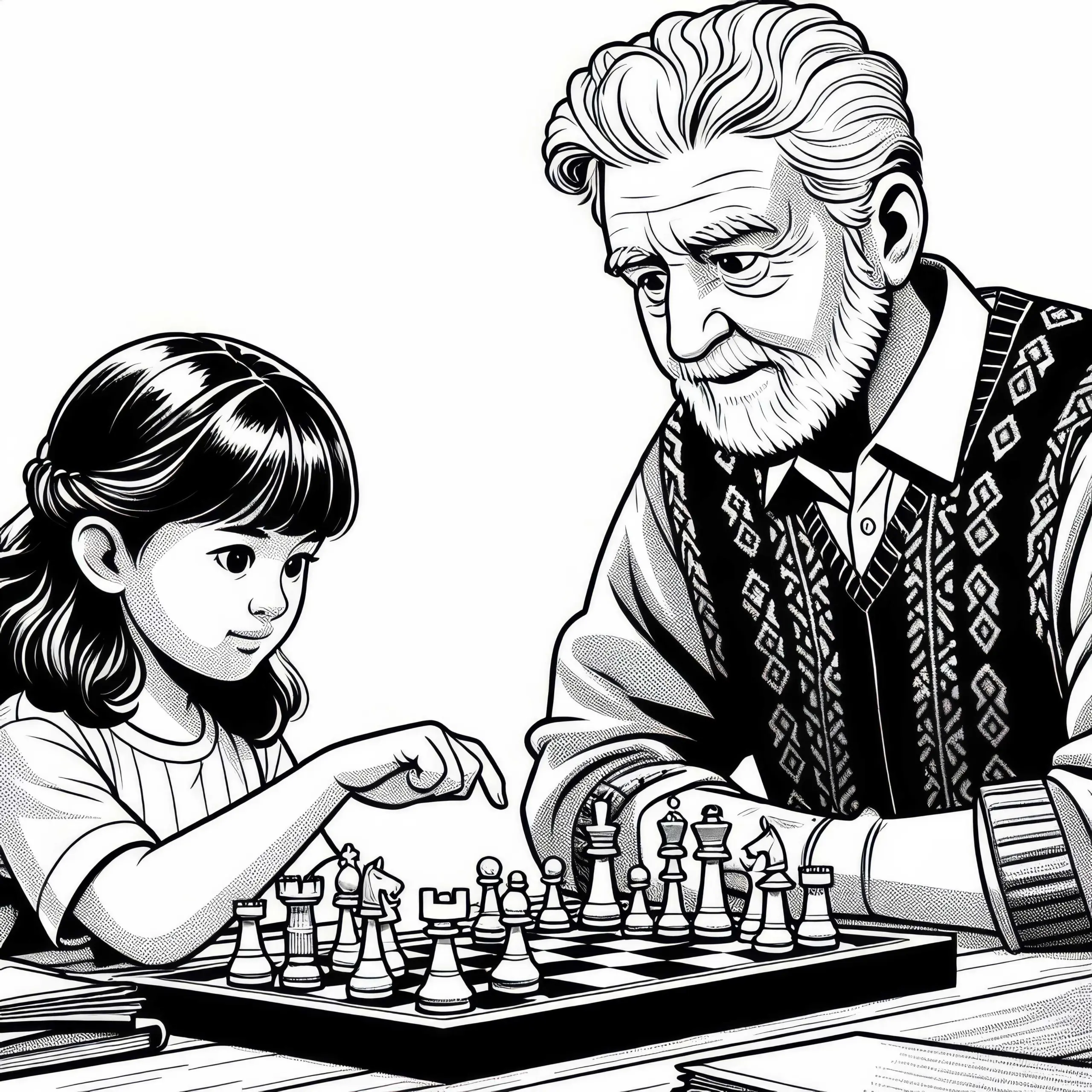 Kind lernt Schach mit erfahrenem Spieler – Malvorlage kostenlos (Ausmalbild)