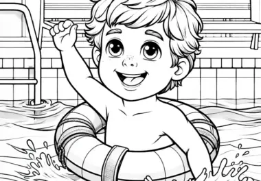 Kind lernt schwimmen – Ausmalbild detailreich gratis