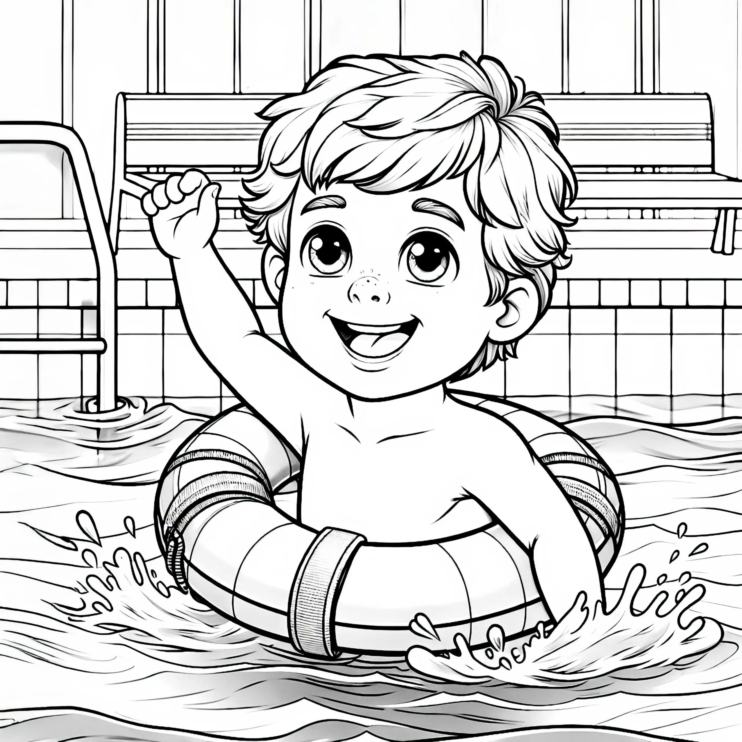 Kind lernt schwimmen – Ausmalbild detailreich gratis
