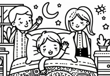 Kind liegt bereits im Bett und winkt den Eltern gute Nacht – Malvorlage kostenlos