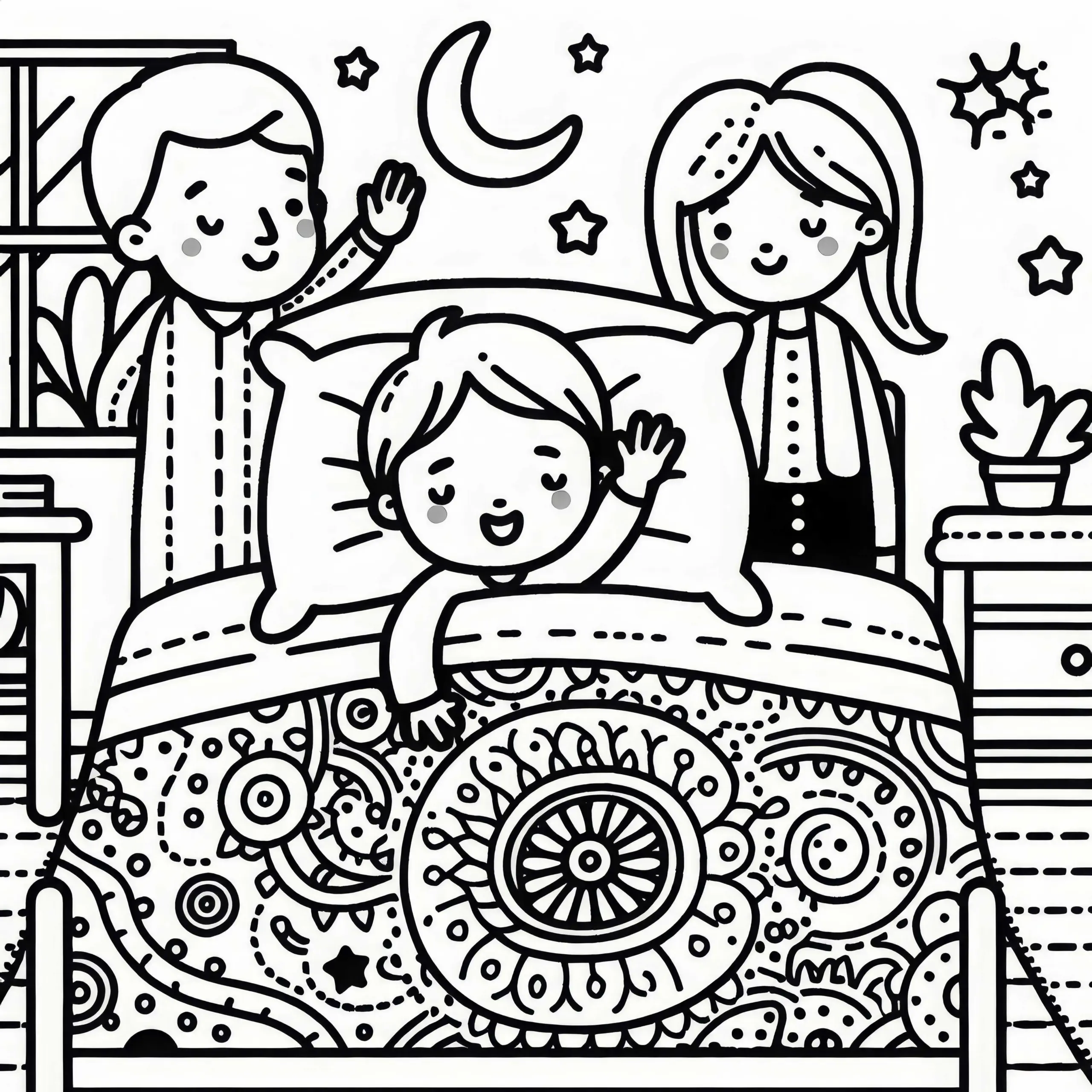 Kind liegt bereits im Bett und winkt den Eltern gute Nacht – Malvorlage kostenlos (Ausmalbild)