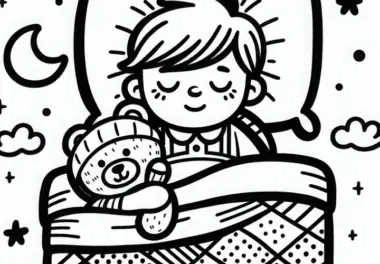 Kind liegt eingekuschelt im Bett mit Kuscheltier Malvorlage kostenlos