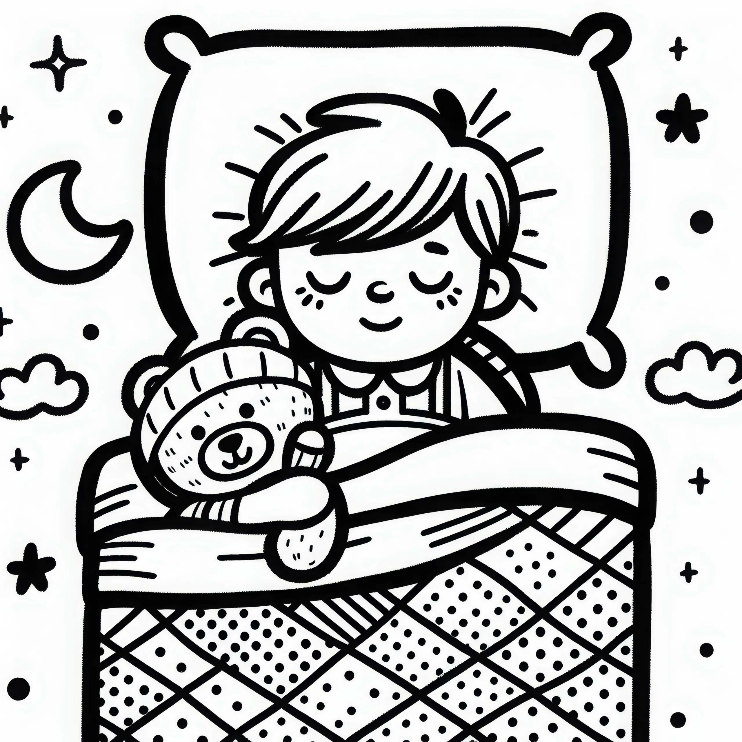 Kind liegt eingekuschelt im Bett mit Kuscheltier Malvorlage kostenlos (Ausmalbild)