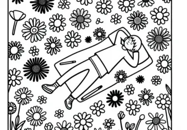 Kind liegt in Blumenwiese und schaut in den Himmel – Malvorlage gratis