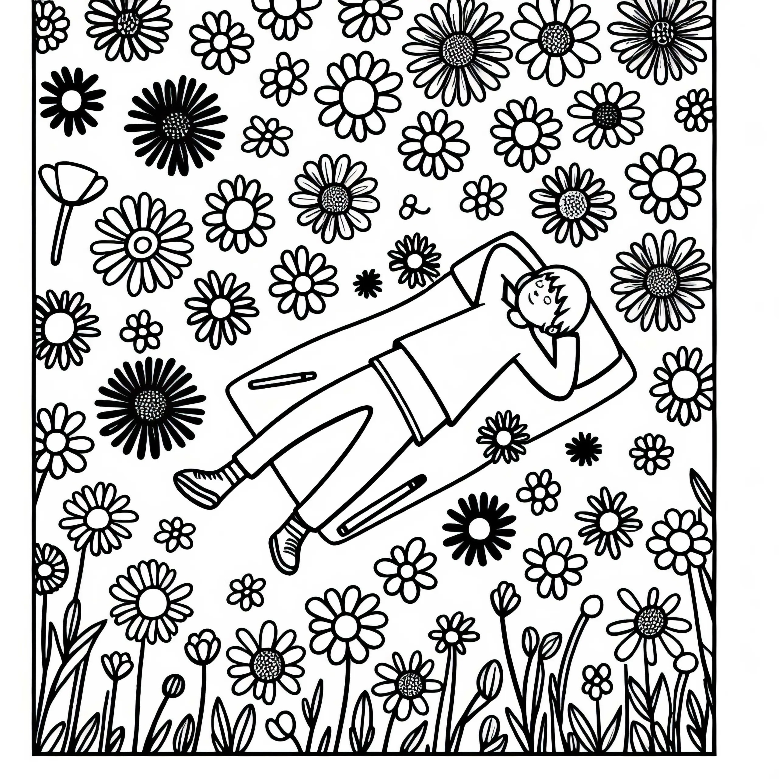 Kind liegt in Blumenwiese und schaut in den Himmel – Malvorlage gratis (Ausmalbild)
