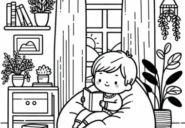 Kind liest gemütlich auf dem Sitzsack im Kinderzimmer – Ausmalbild kostenlos
