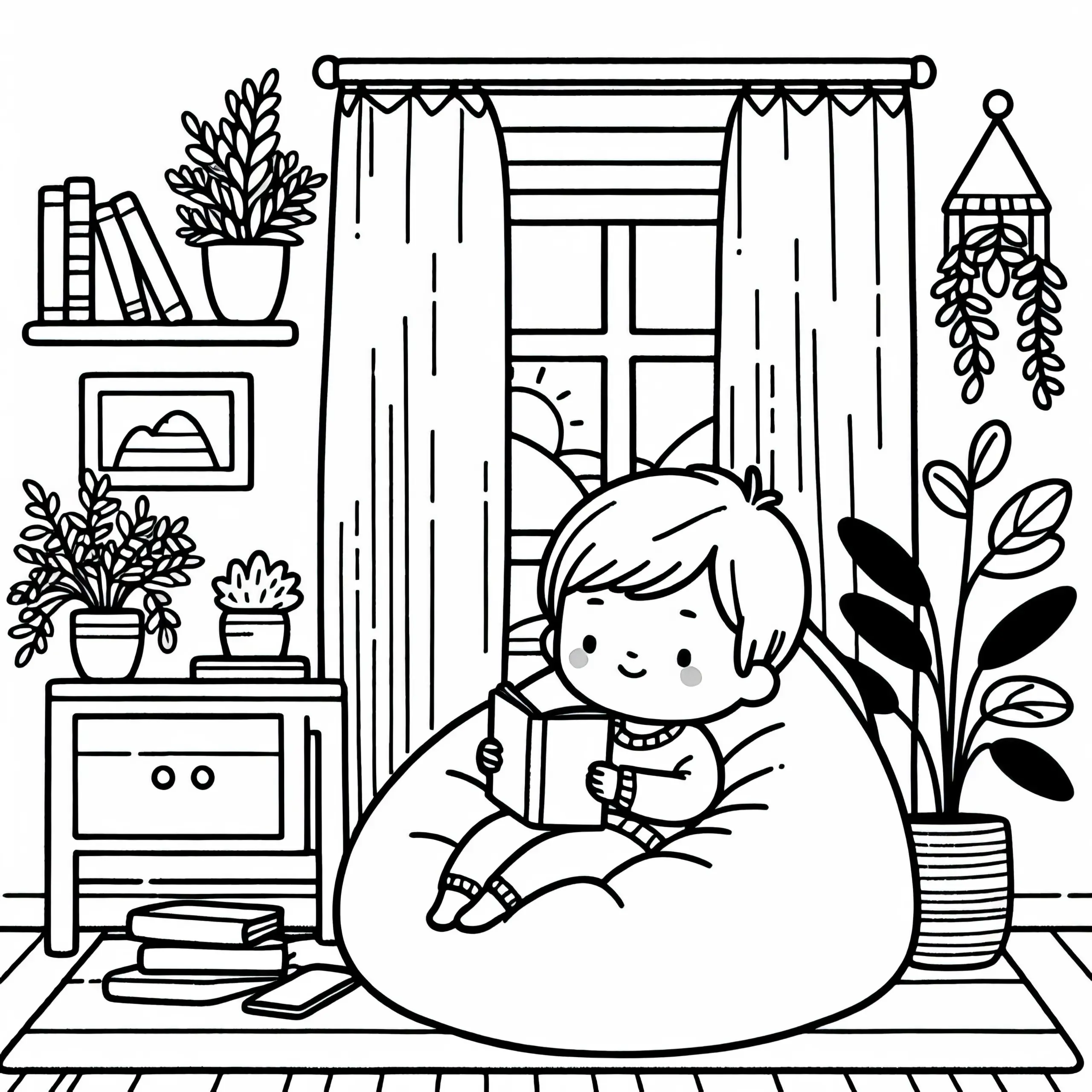Kind liest gemütlich auf dem Sitzsack im Kinderzimmer – Ausmalbild kostenlos