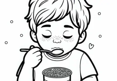 Kind isst konzentriert Joghurt mit Streuseln – Malvorlage gratis