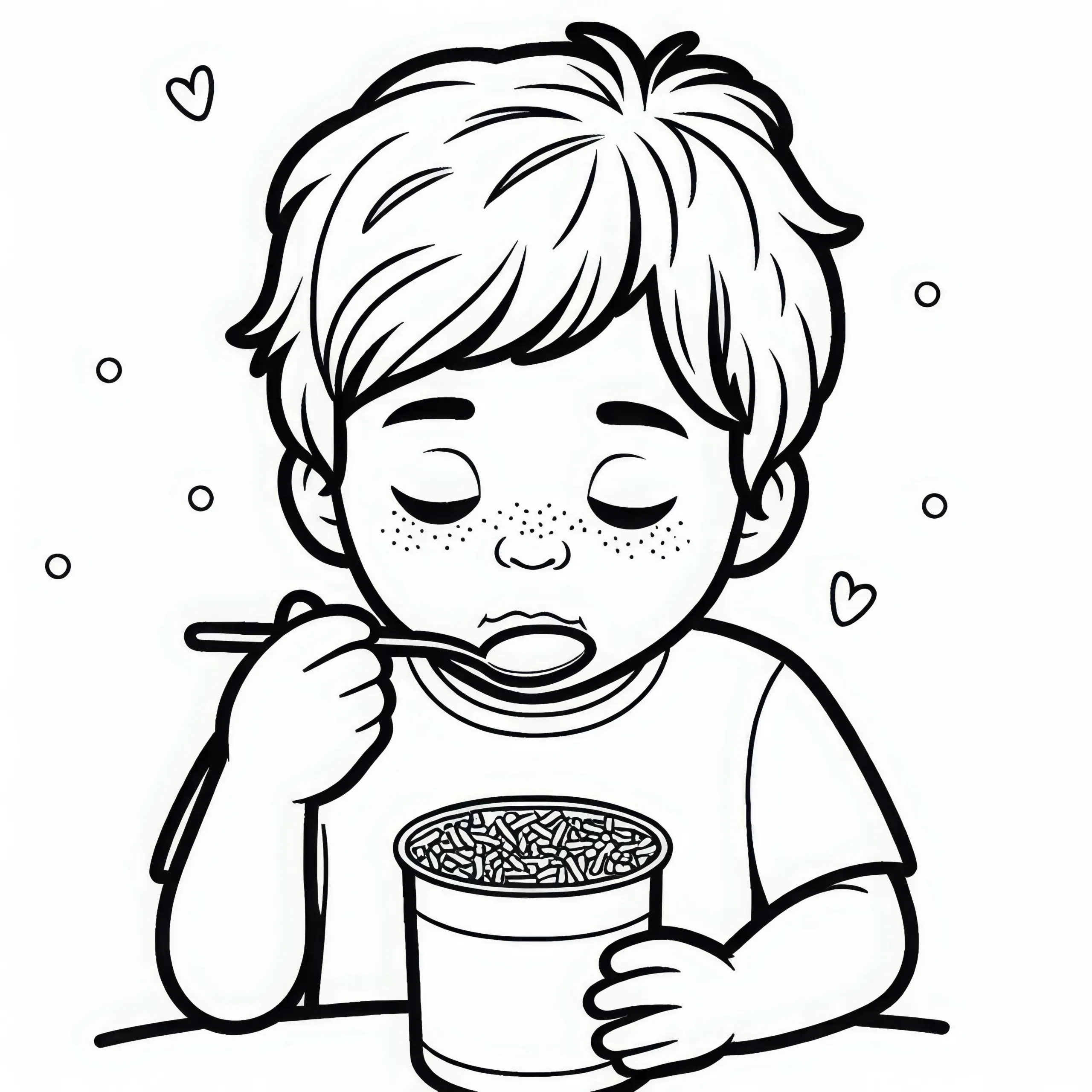 Kind isst konzentriert Joghurt mit Streuseln – Malvorlage gratis (Ausmalbild)