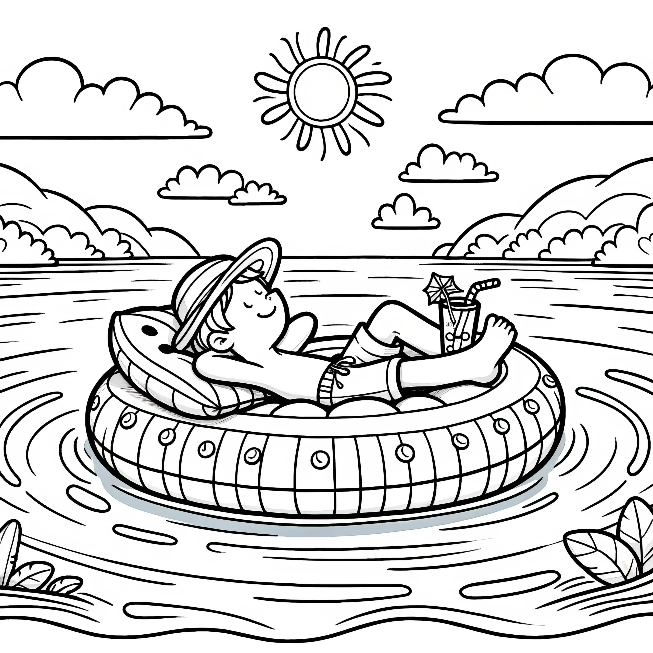 Kind auf Luftmatratze im Wasser: Malvorlage zum Download (Gratis) (Ausmalbild)