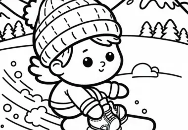Kind macht erste Versuche auf dem Snowboard – Ausmalbild einfach kostenlos
