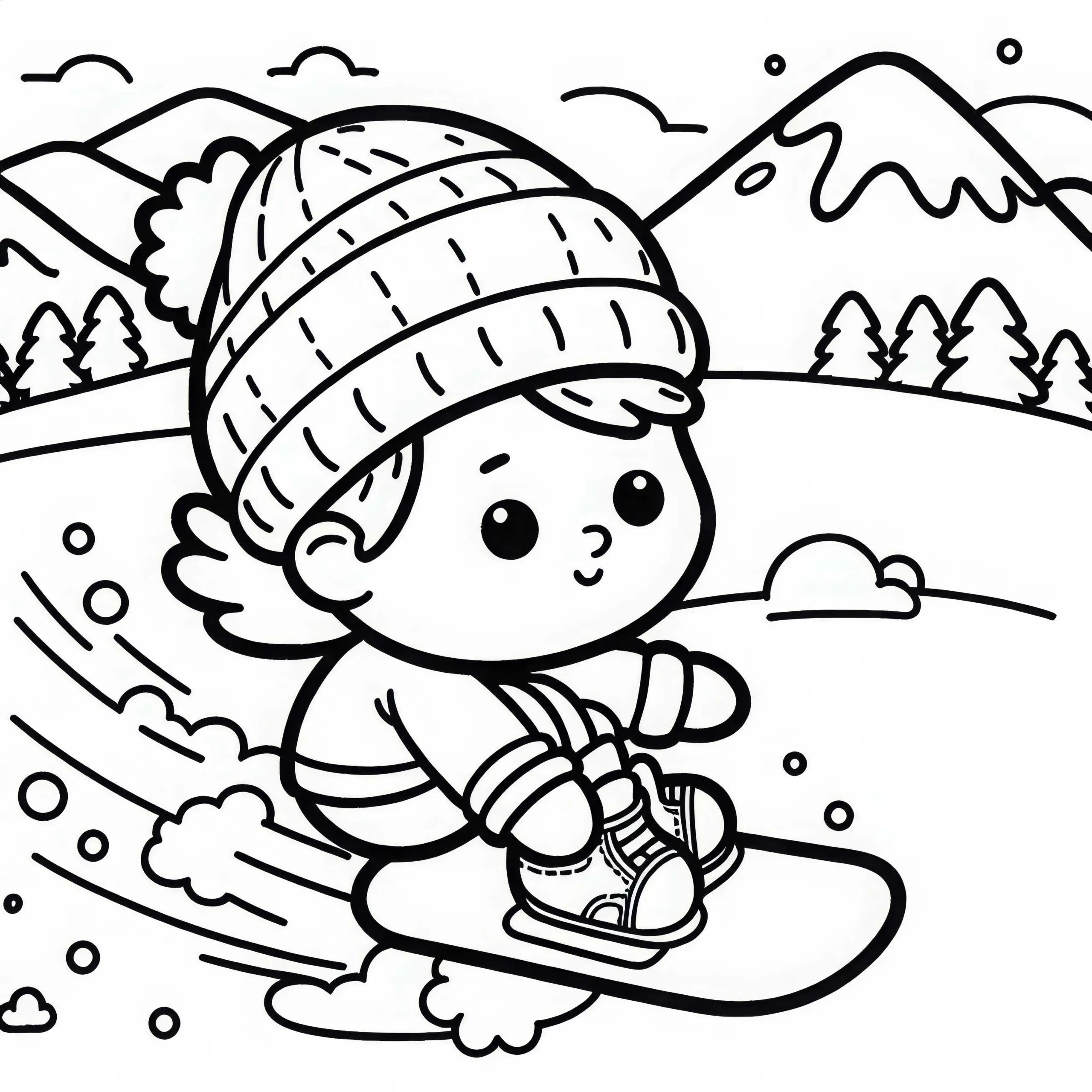 Kind macht erste Versuche auf dem Snowboard – Ausmalbild einfach kostenlos