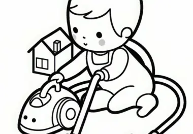 Kind macht Hausputz mit Spielzeugstaubsauger – Malvorlage gratis