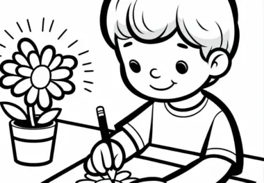Kind malt einfache Blume auf Papier – Ausmalbild einfach für Kinder kostenlos