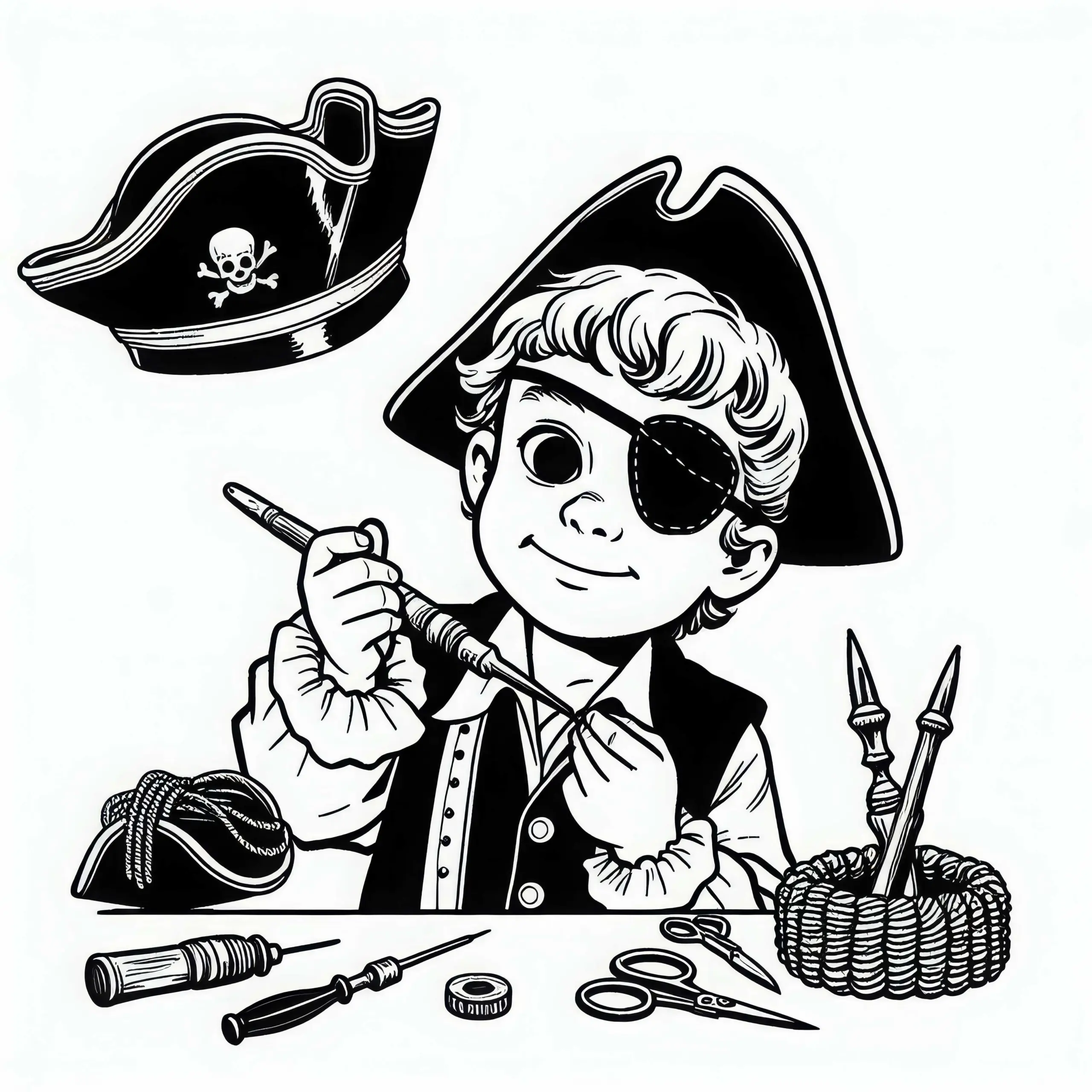 Kind mit Augenklappe und Piratenhut – Ausmalbild kostenlos