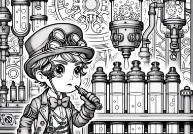Kind mit Monokel und Handschuhen erkundet geheimes Labor – Malvorlage Steampunk kostenlos