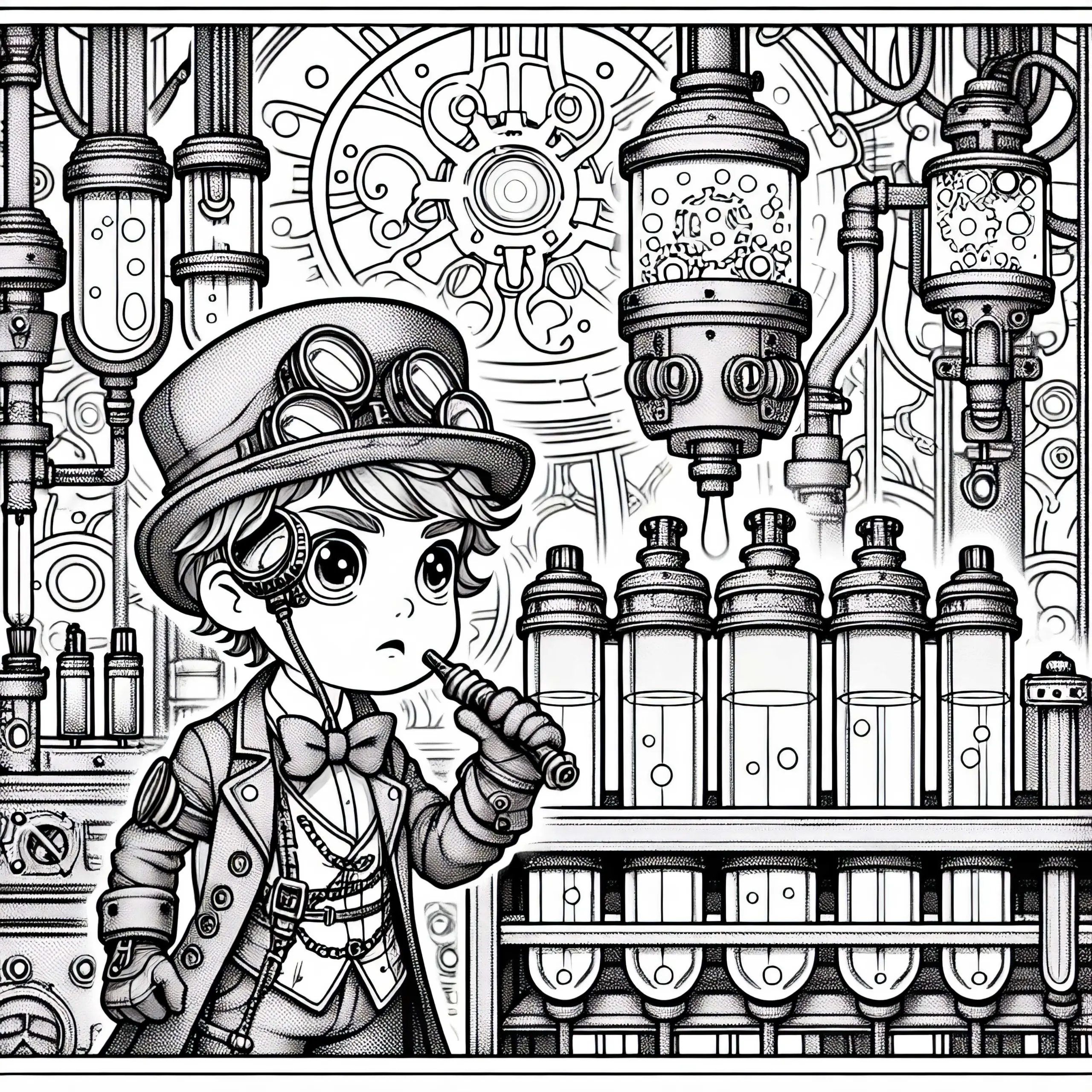 Kind mit Monokel und Handschuhen erkundet geheimes Labor – Malvorlage Steampunk kostenlos (Ausmalbild)