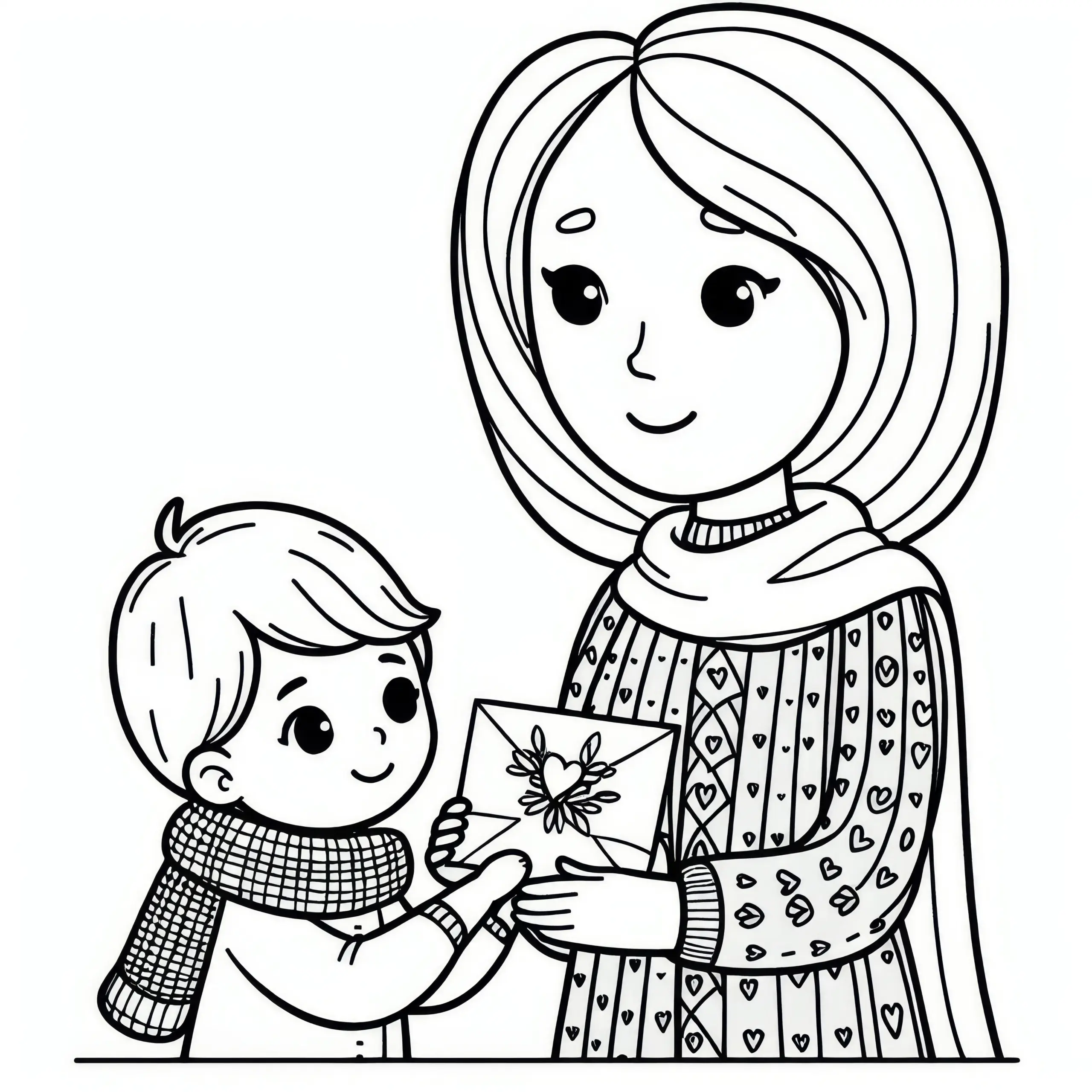 Kind, das seiner Mutter eine Karte überreicht (Kostenlos) (Ausmalbild)