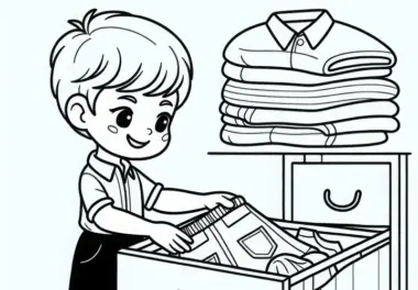 Kind nimmt frische Kleidung aus der Kommode – Ausmalbild gratis