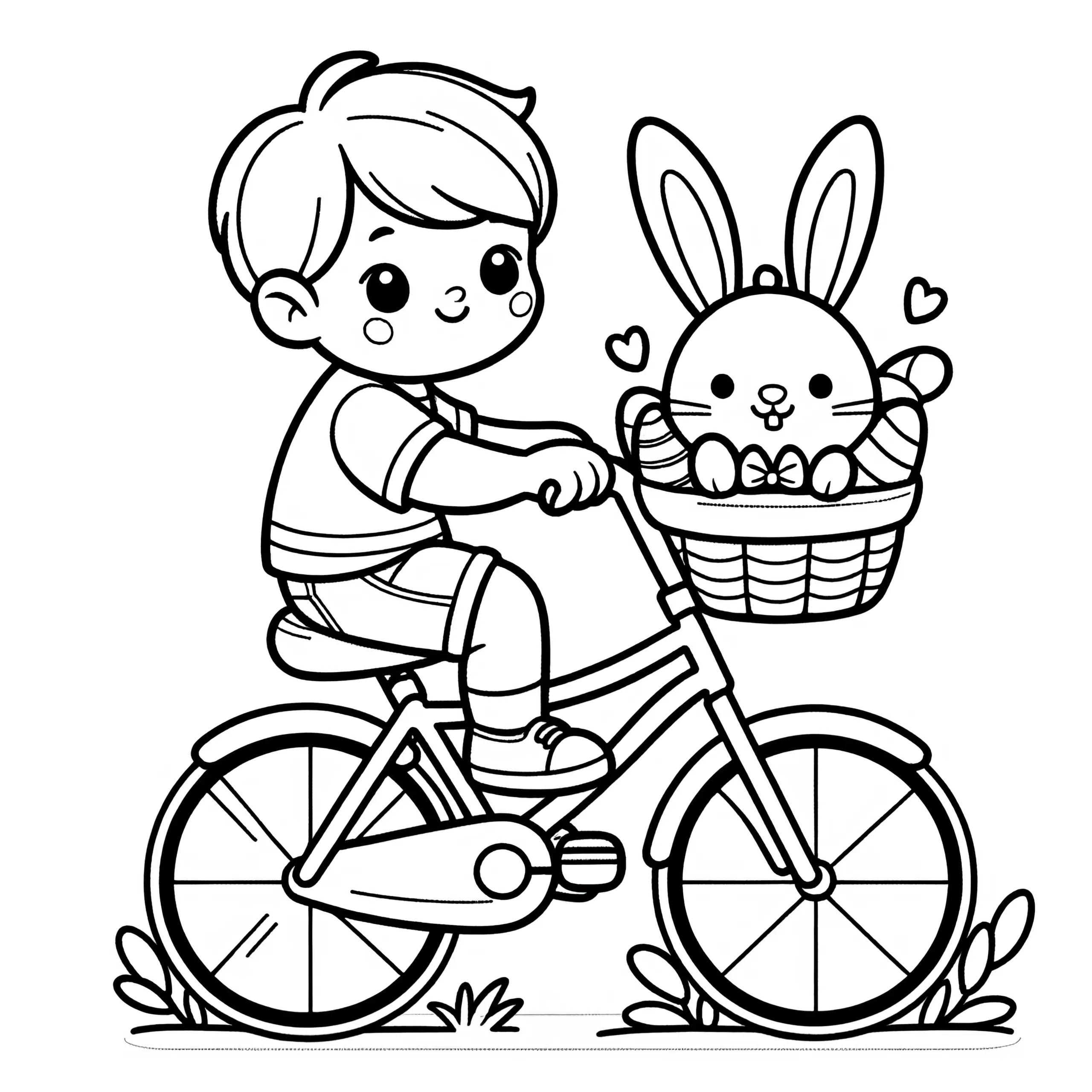 Kind mit Osterhase im Fahrradkorb: Niedliche Malvorlage zum Download (Gratis) (Ausmalbild)