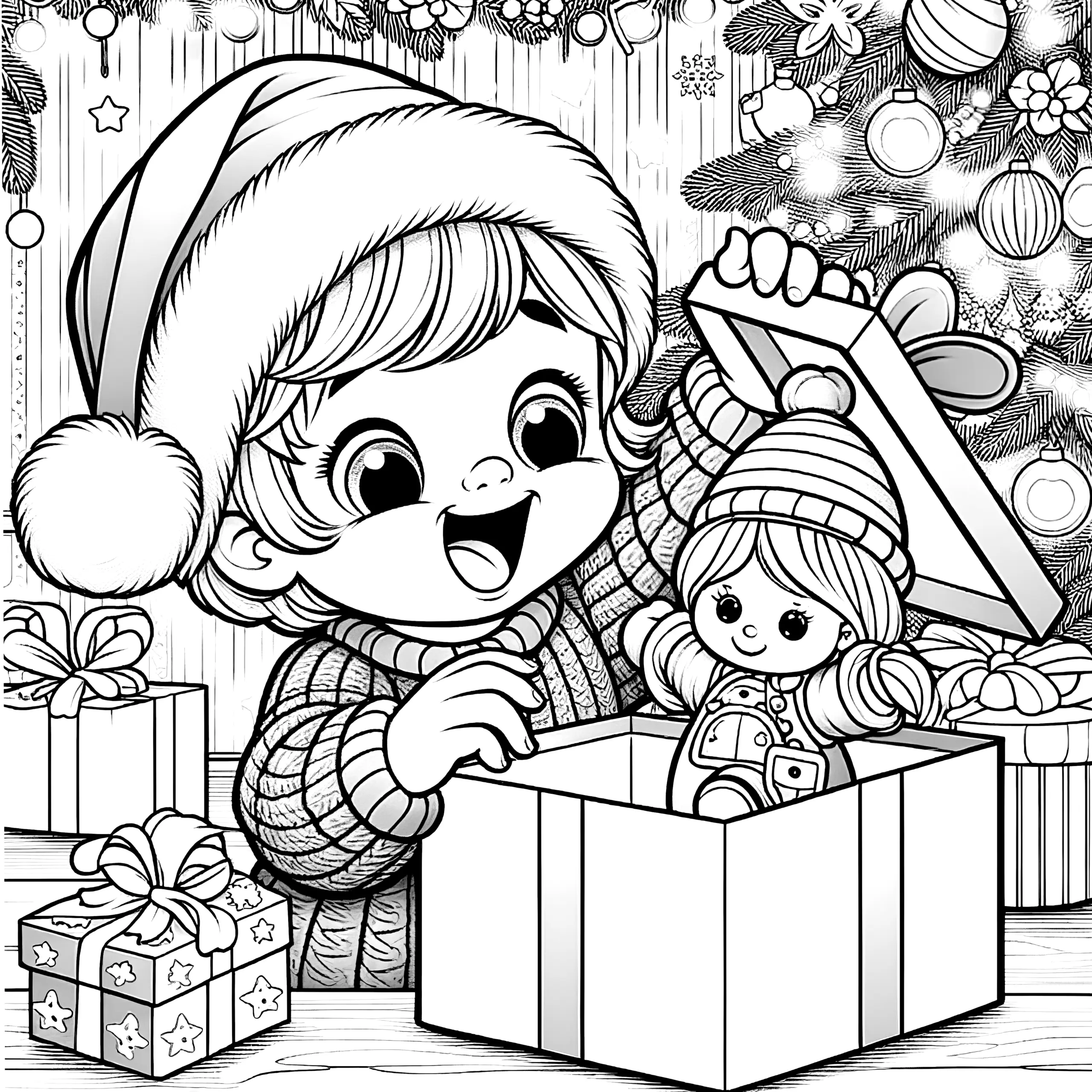 Kind packt Weihnachtsgeschenk mit Puppe aus (Ausmalbild)