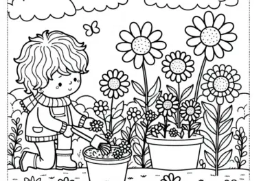 Kind pflanzt Gartenblumen – Ausmalbild kostenlos