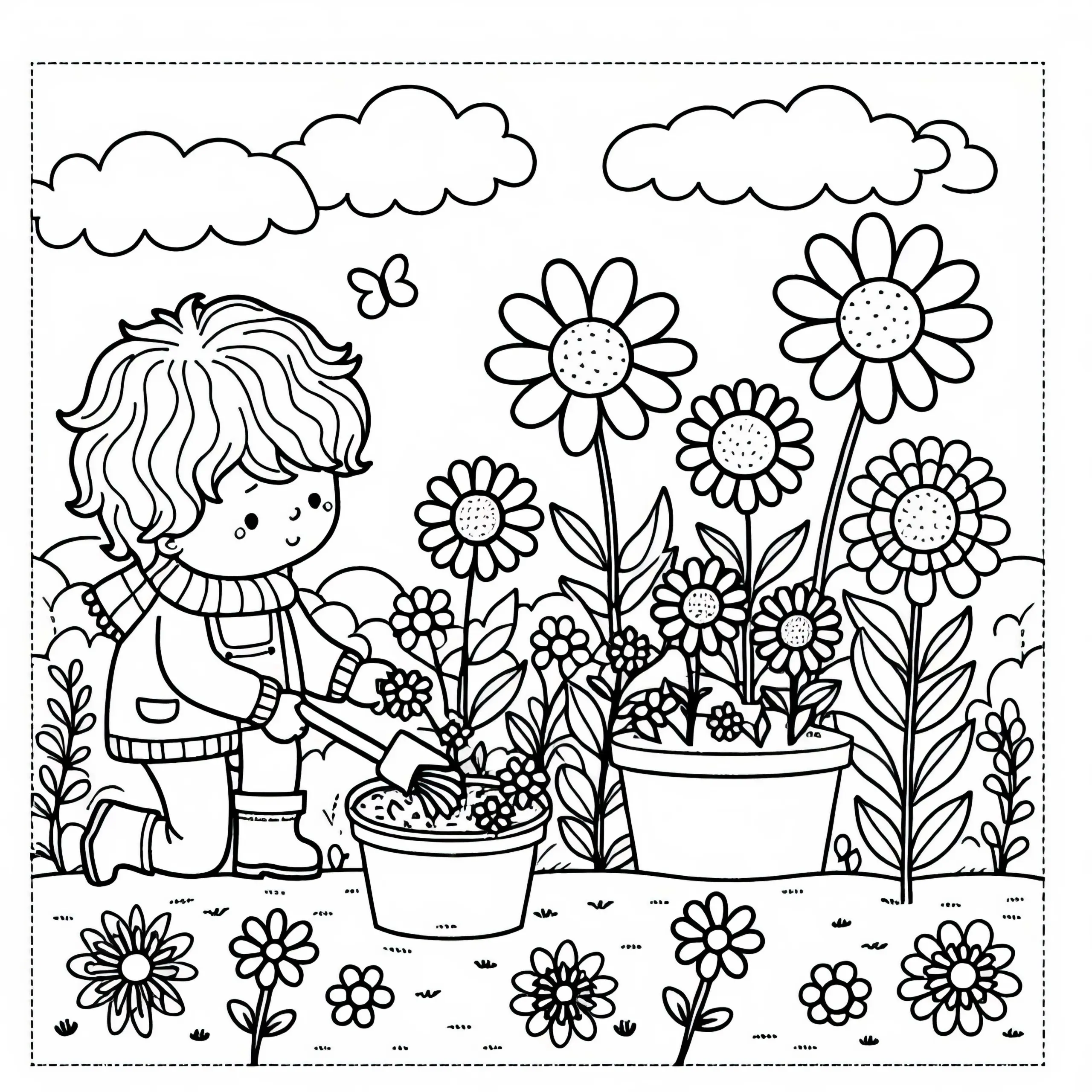 Kind pflanzt Gartenblumen – Ausmalbild kostenlos