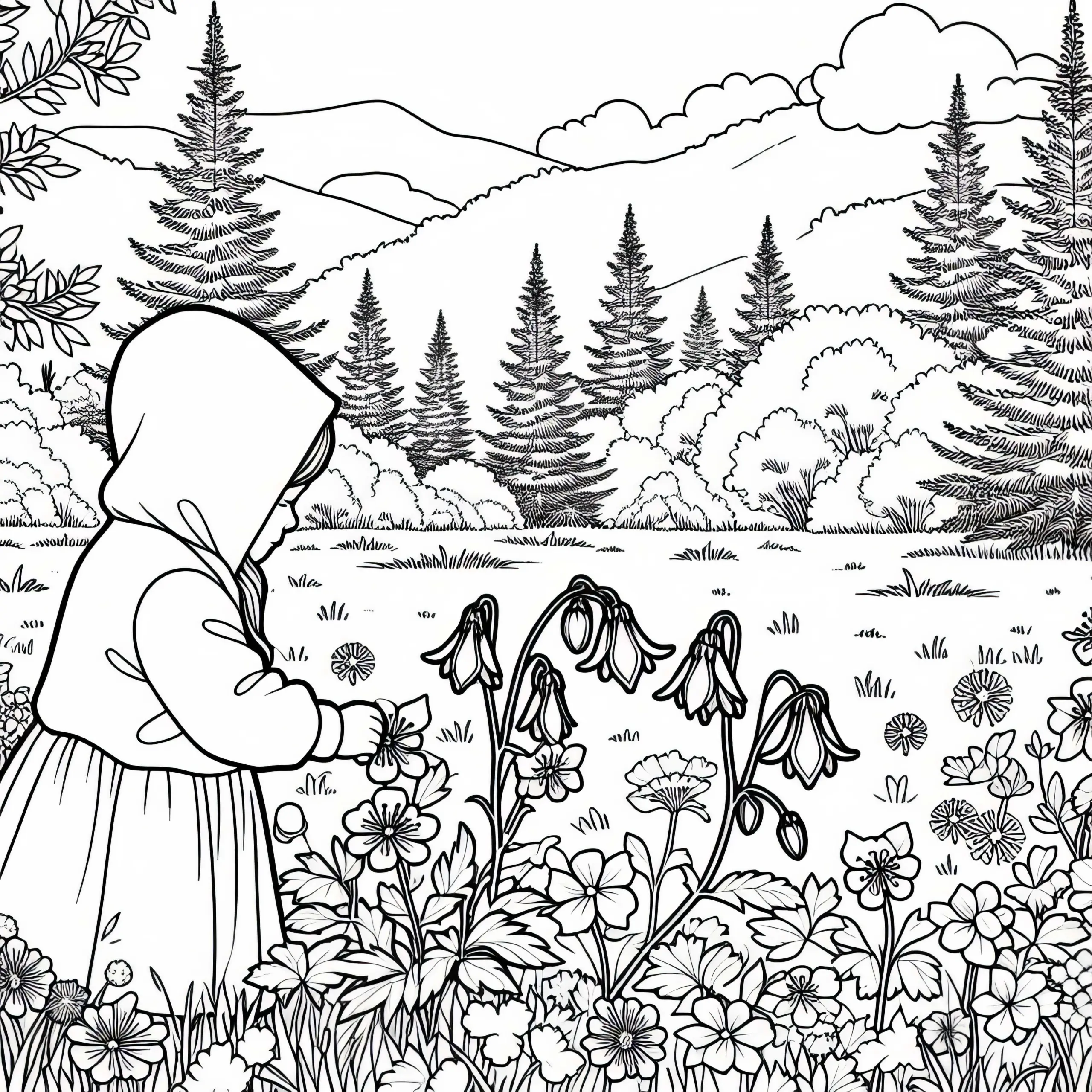 Kind pflückt Akelei-Blume auf Wiese am Waldrand – Malvorlage kostenlos (Ausmalbild)