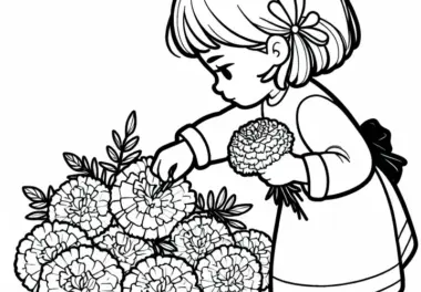 Kind pflückt Blume – Tagetes Malvorlage kostenlos