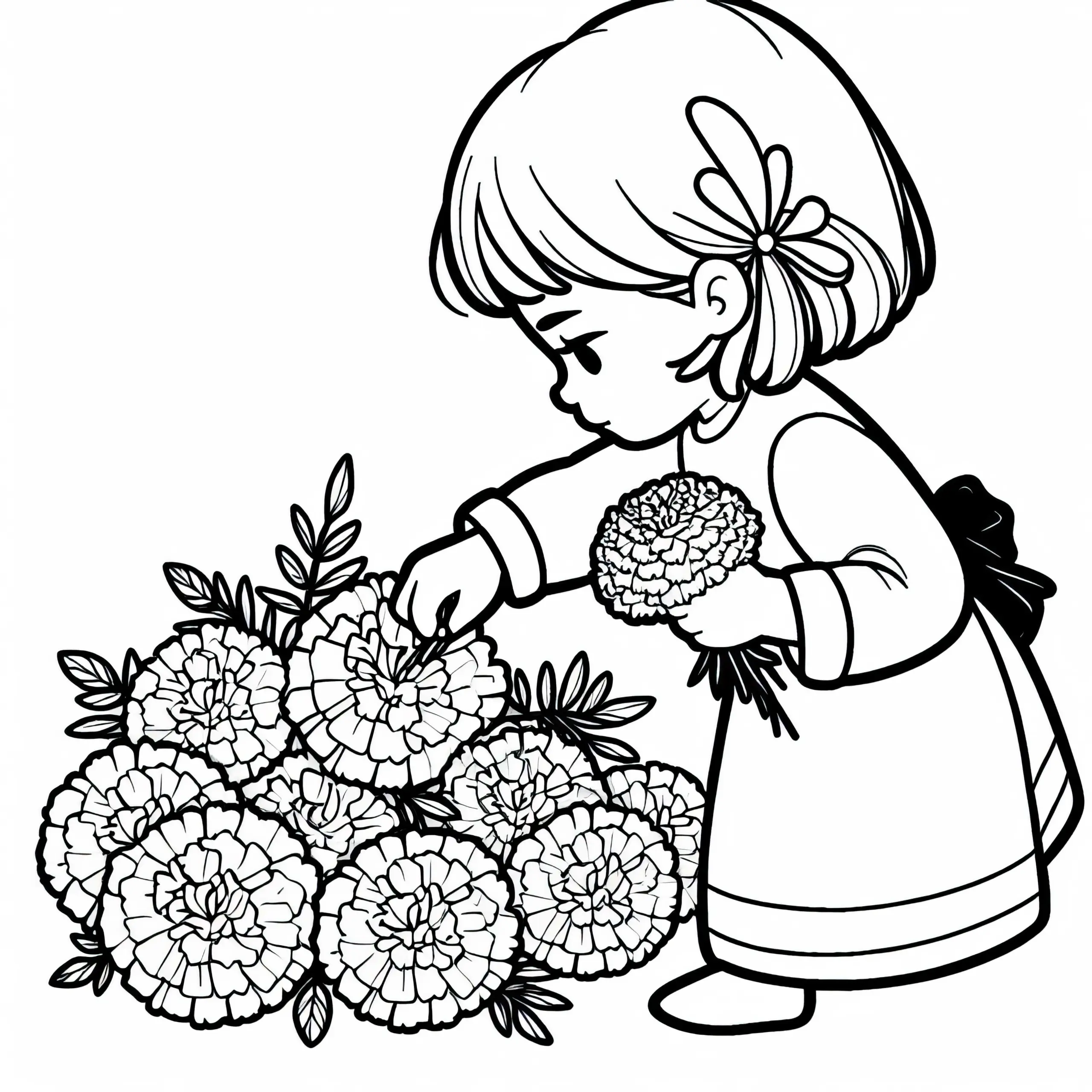 Kind pflückt Blume – Tagetes Malvorlage kostenlos (Ausmalbild)