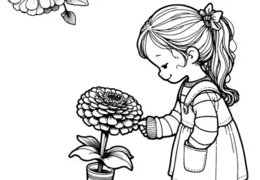 Kind pflückt Blume Zinnie – Ausmalbild kostenlos