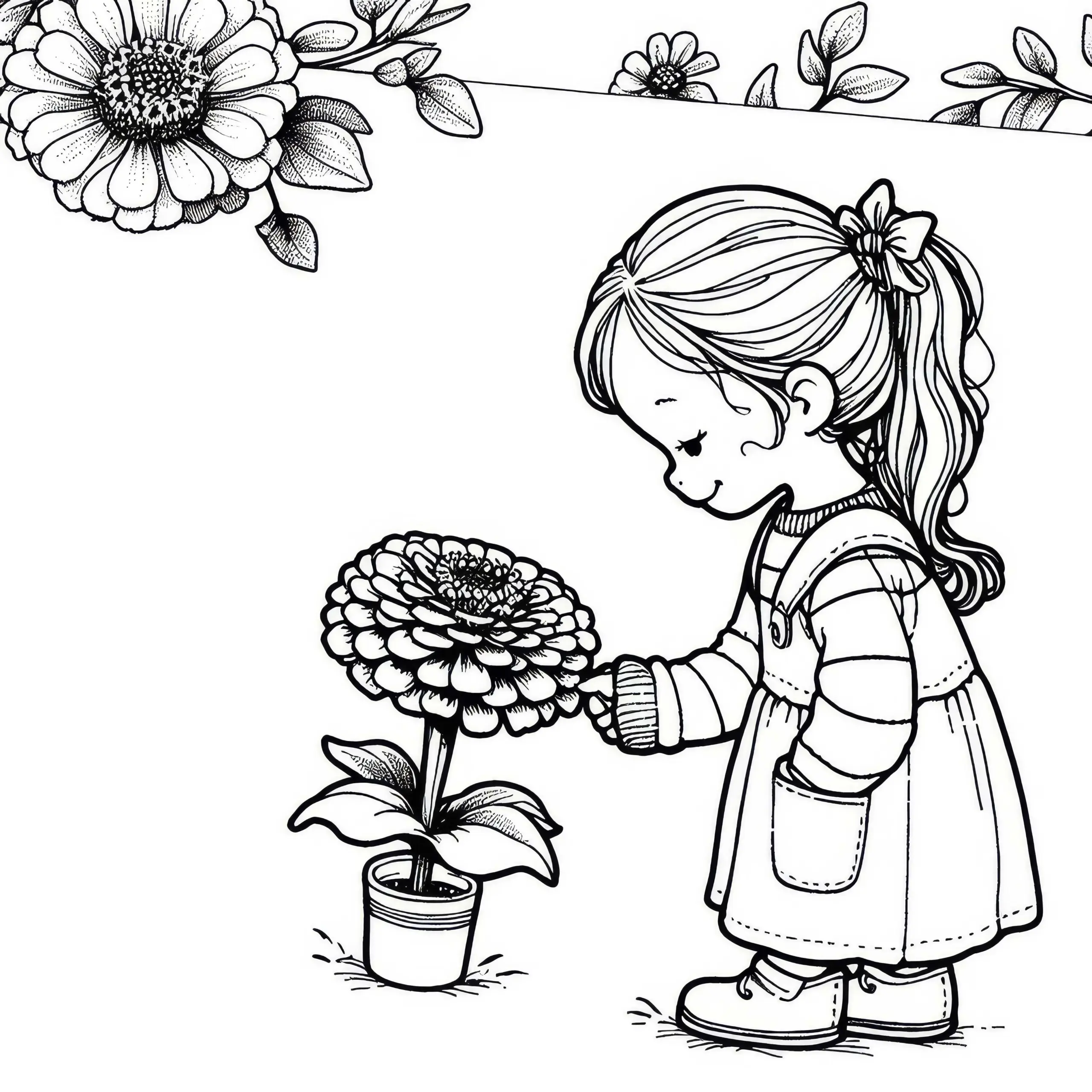 Kind pflückt Blume Zinnie – Ausmalbild kostenlos