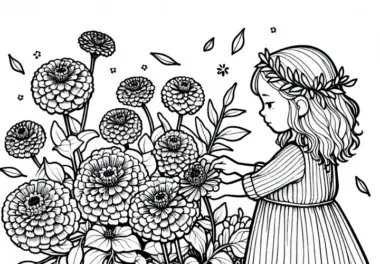 Kind pflückt Blume Zinnie – Malvorlage gratis