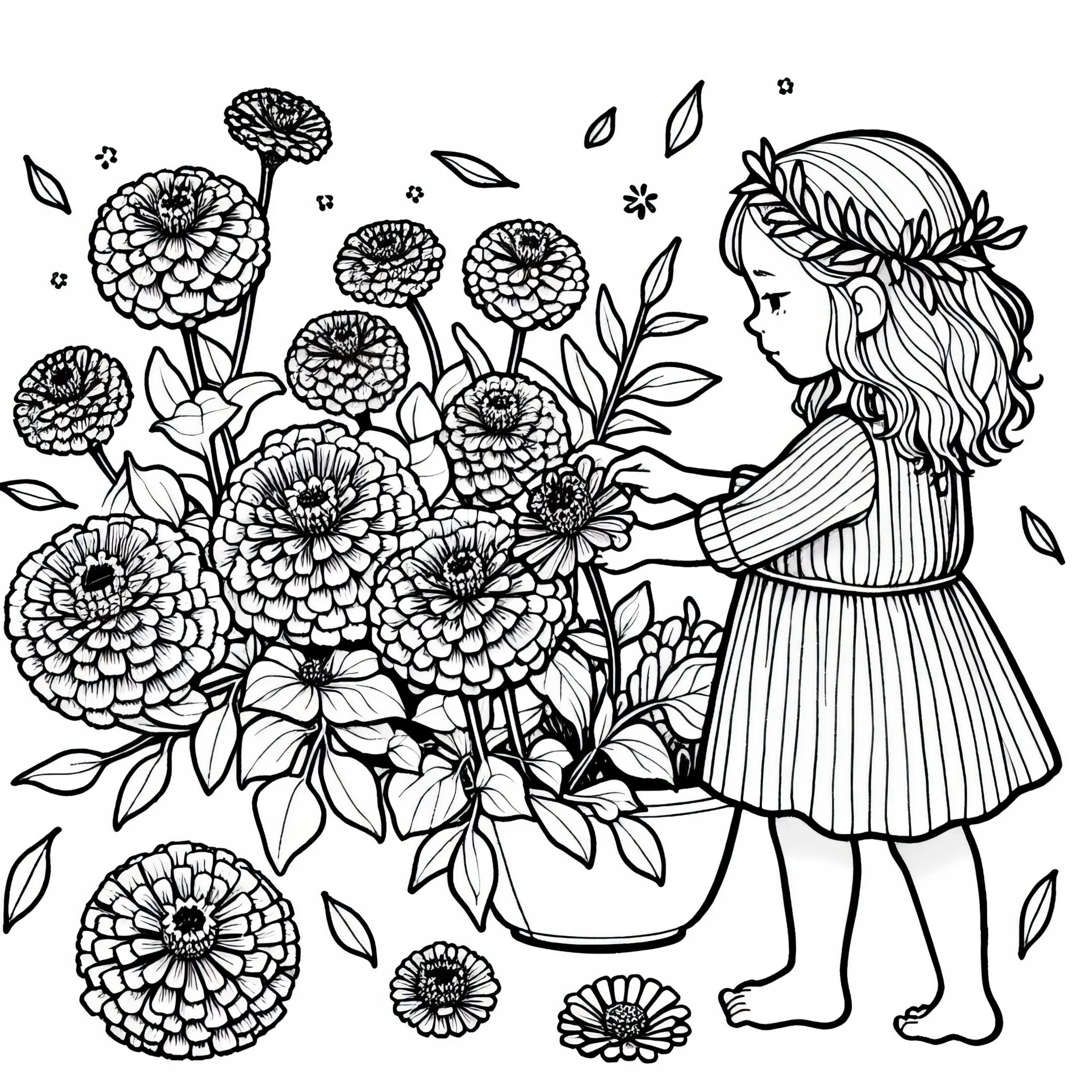 Kind pflückt Blume Zinnie – Malvorlage gratis (Ausmalbild)