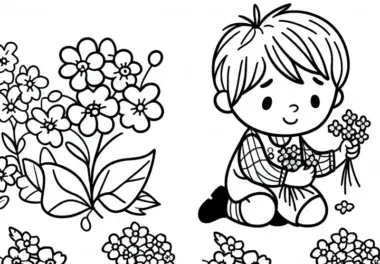 Kind pflückt Blumen – Vergissmeinnicht Malvorlage kostenlos
