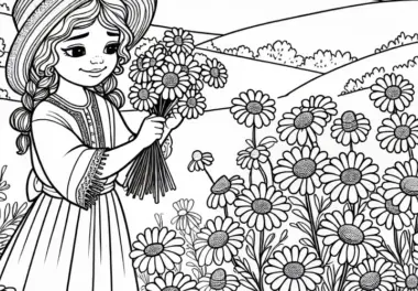 Kind pflückt Gänseblümchen auf Wiese – Malvorlage Sommerblume Gratis