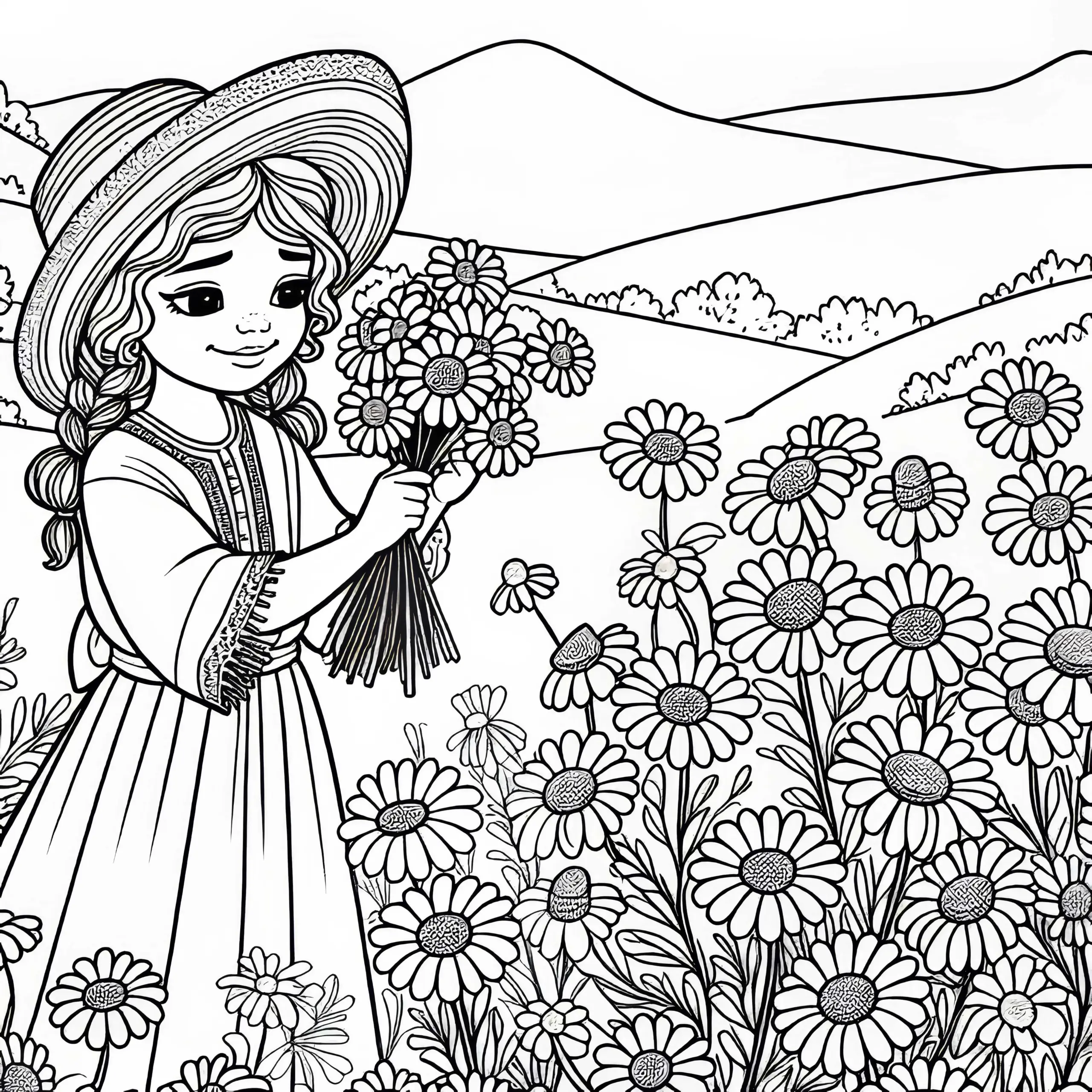 Kind pflückt Gänseblümchen auf Wiese – Malvorlage Sommerblume Gratis (Ausmalbild)