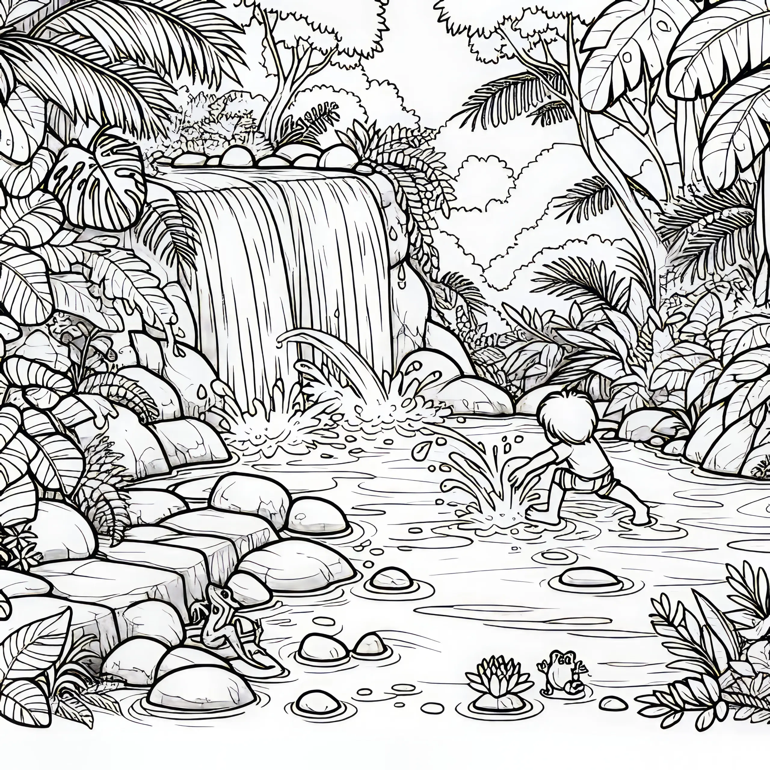 Kind planscht im Wasser am Wasserfall: Malvorlage zum Download (Kostenlos) (Ausmalbild)