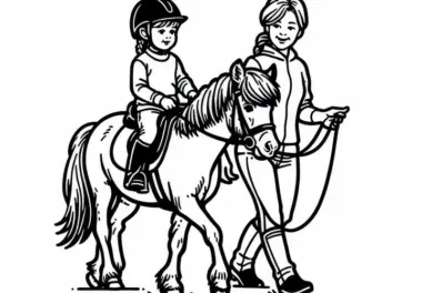 Kindergartenkind reitet auf Pony beim Reitunterricht – Malvorlage kostenlos