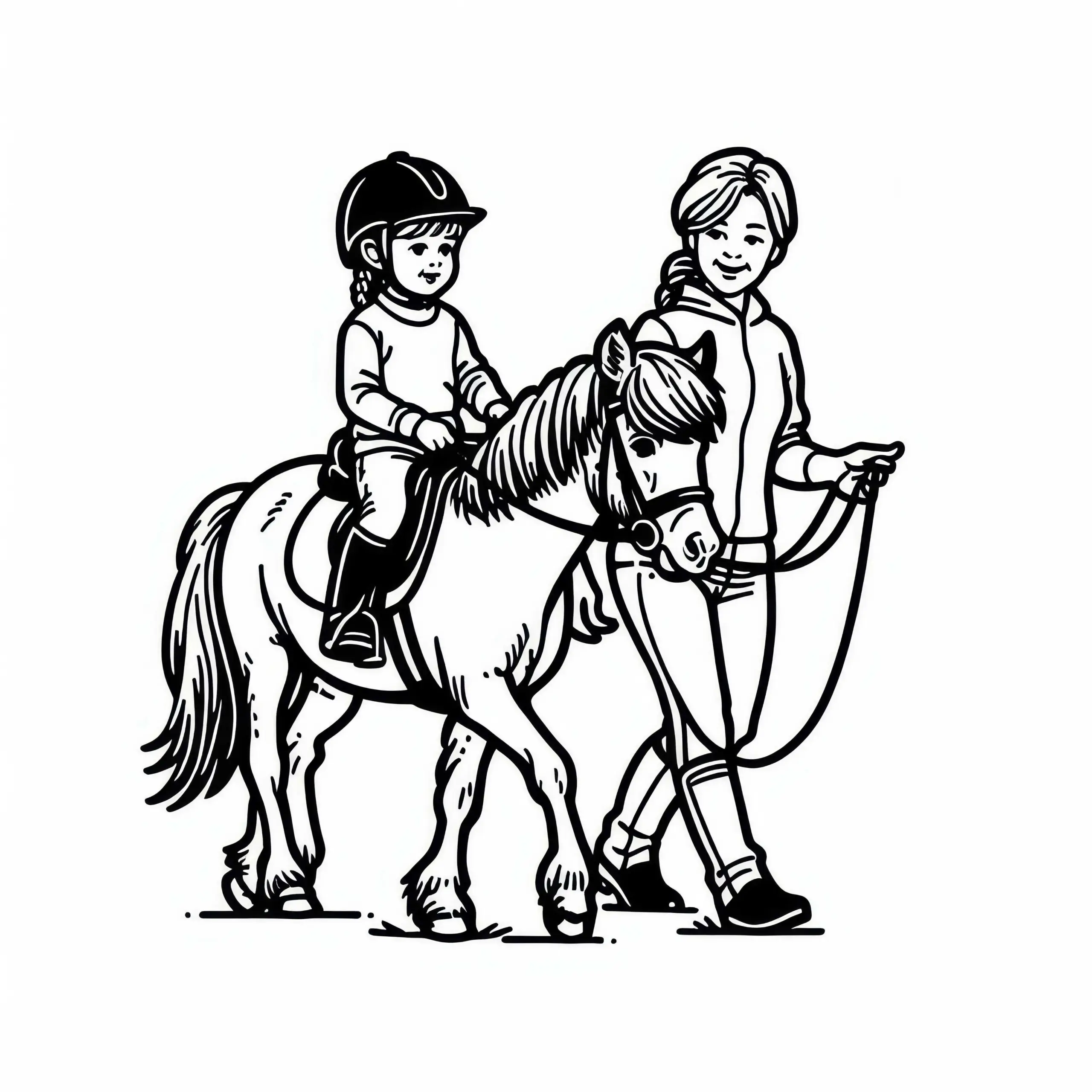 Kindergartenkind reitet auf Pony beim Reitunterricht – Malvorlage kostenlos (Ausmalbild)