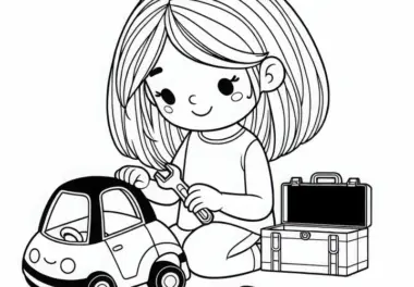 Kind repariert Spielzeugauto mit Werkzeugkasten – Ausmalbild kostenlos