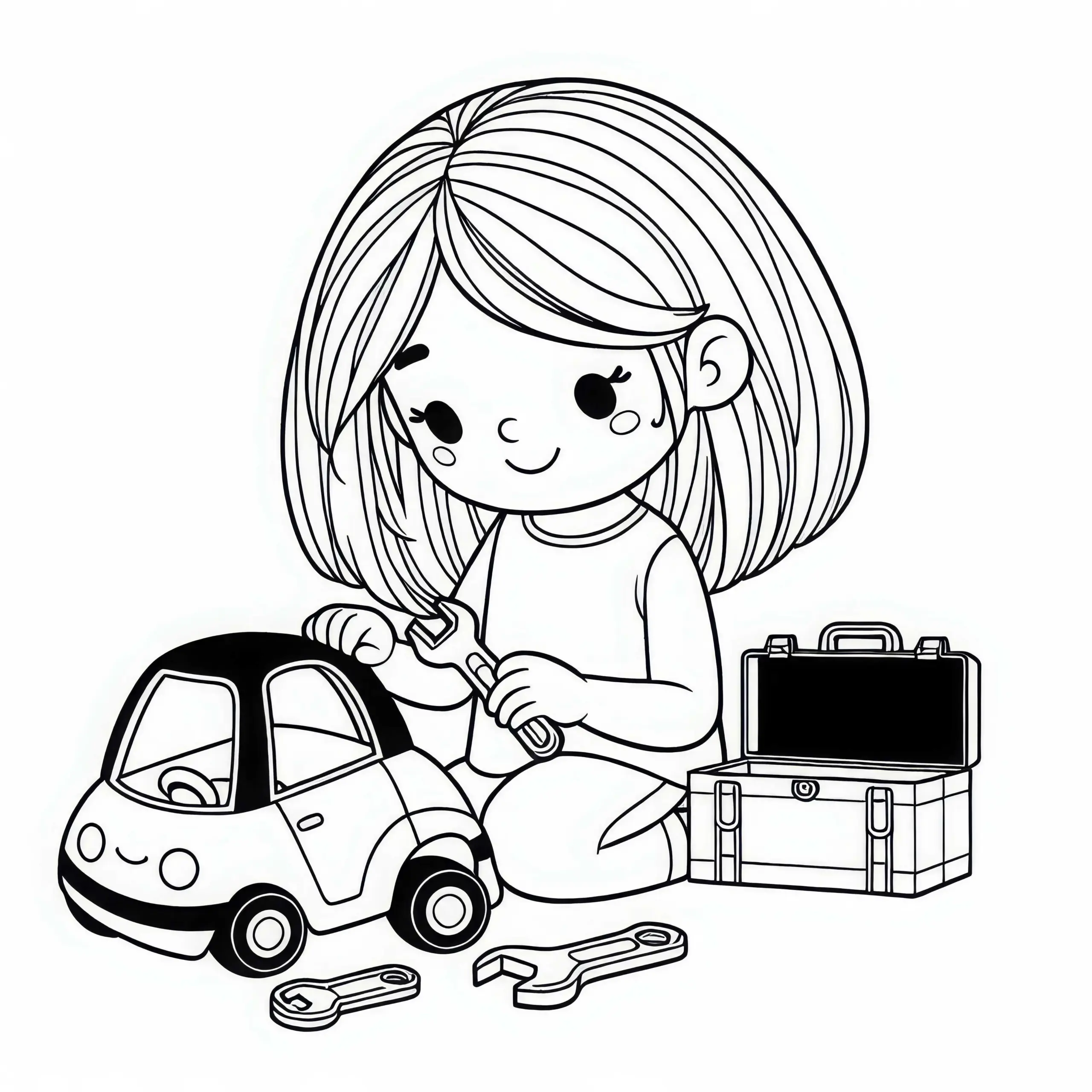 Kind repariert Spielzeugauto mit Werkzeugkasten – Ausmalbild kostenlos